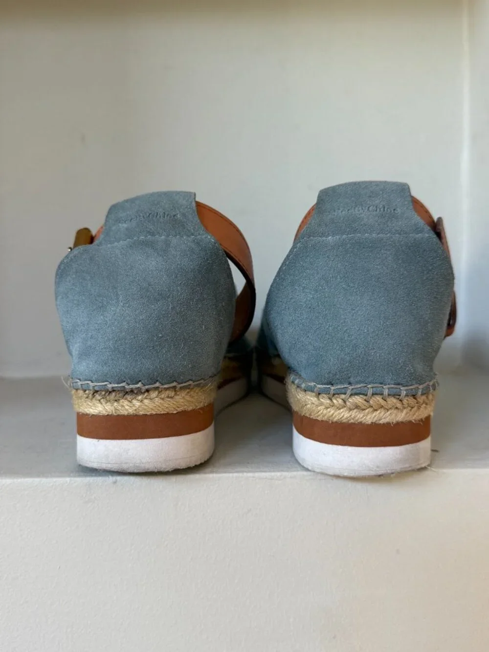 See by Chloé Glyn Blue Suede Platform Espadrille Sandals Ankle Strap 10
